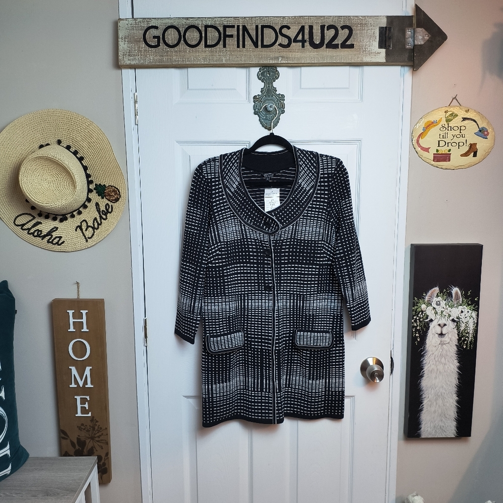 Nic + Zoe Black & White Tunic Houndstooth Blazer Small Stretch 3/4sleeve